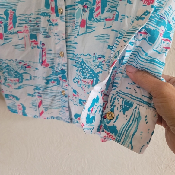 Lilly Pulitzer, Cruiser Botton-down Shirt, Watch Out Lighthouse‎ Print, Size 4 - Picture 7 of 10